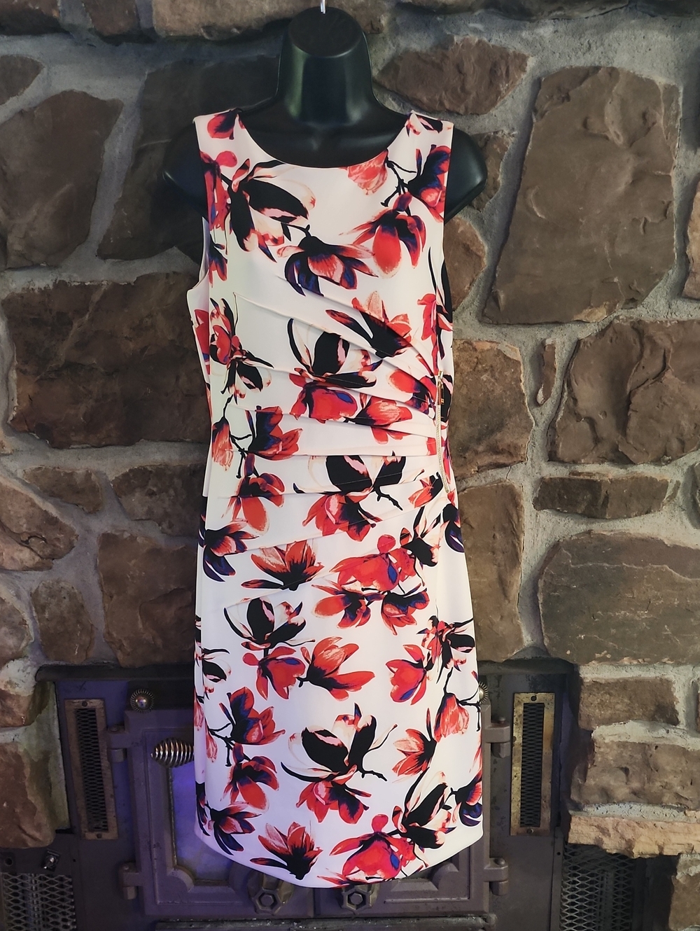 Ivanka Trump White Midi Dress with Red & Navy Floral Print